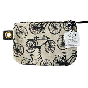 danica studio black and tan small zipper pouch with bicycles and gold hardware